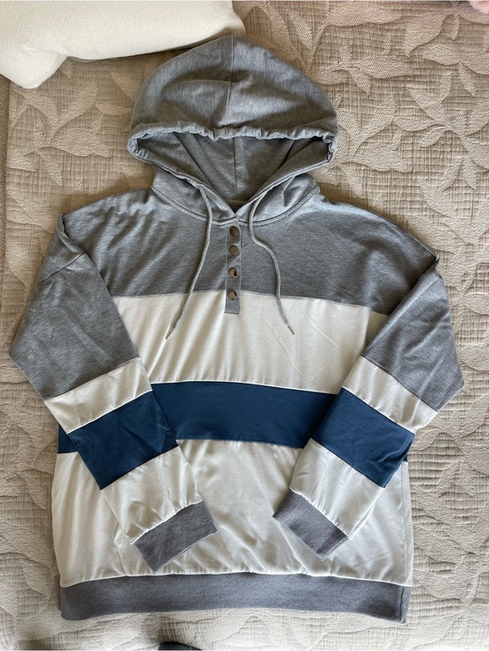Unbranded Tops - Women's Colorblock Hooded Sweatshirt - Gray, White & Blue